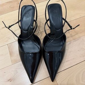 ZARA Black Patent Slingback Heels – Pointed Toe Kitten Heel